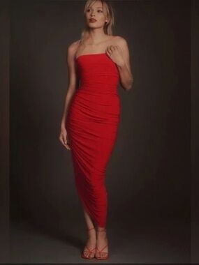 Norma Kamali Strapless Red Ruched Midi Dress